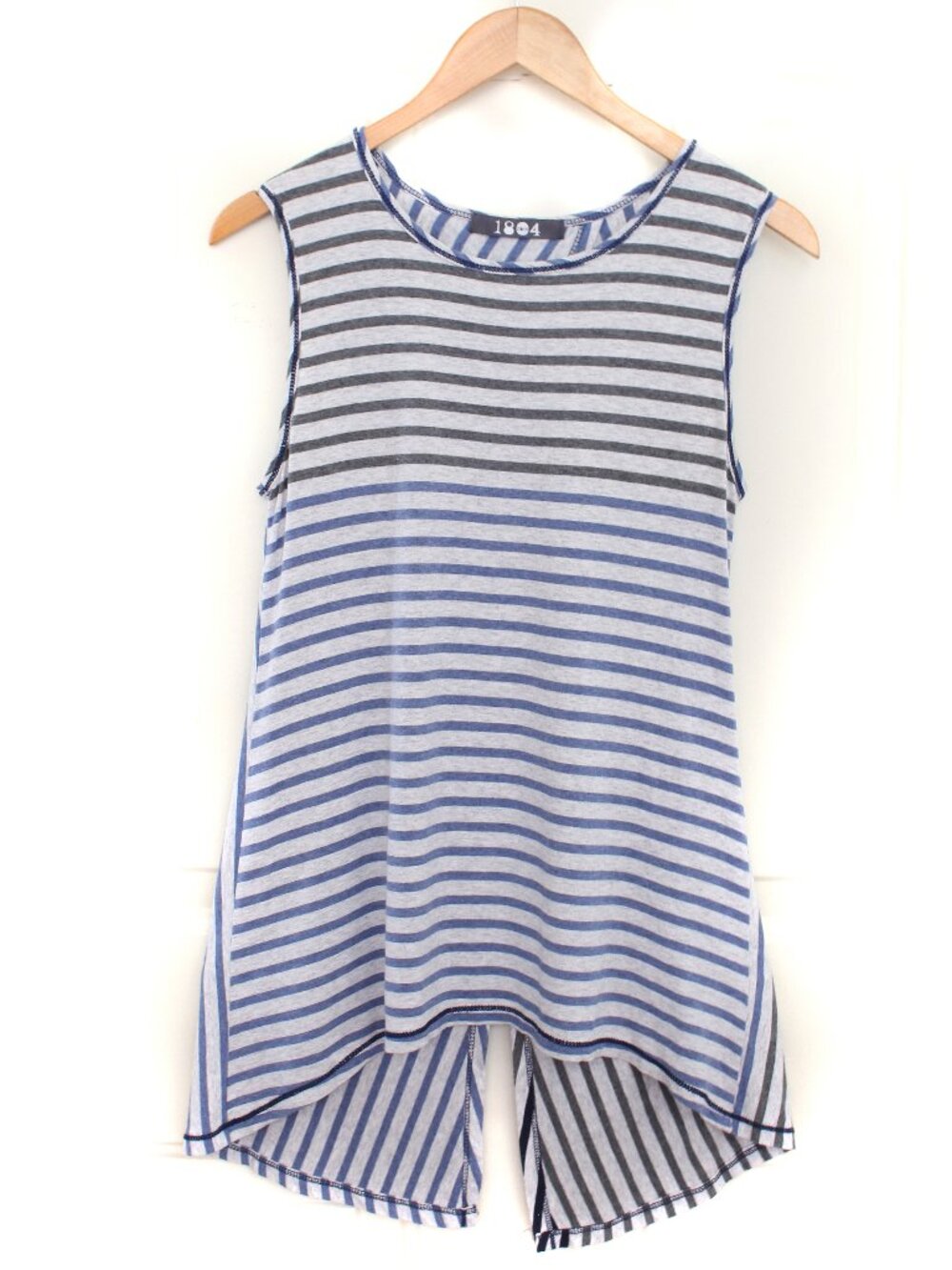 Coin 1804 Split-Back Handkerchief Hem Blue Gray Striped Indie Tank Top Size S